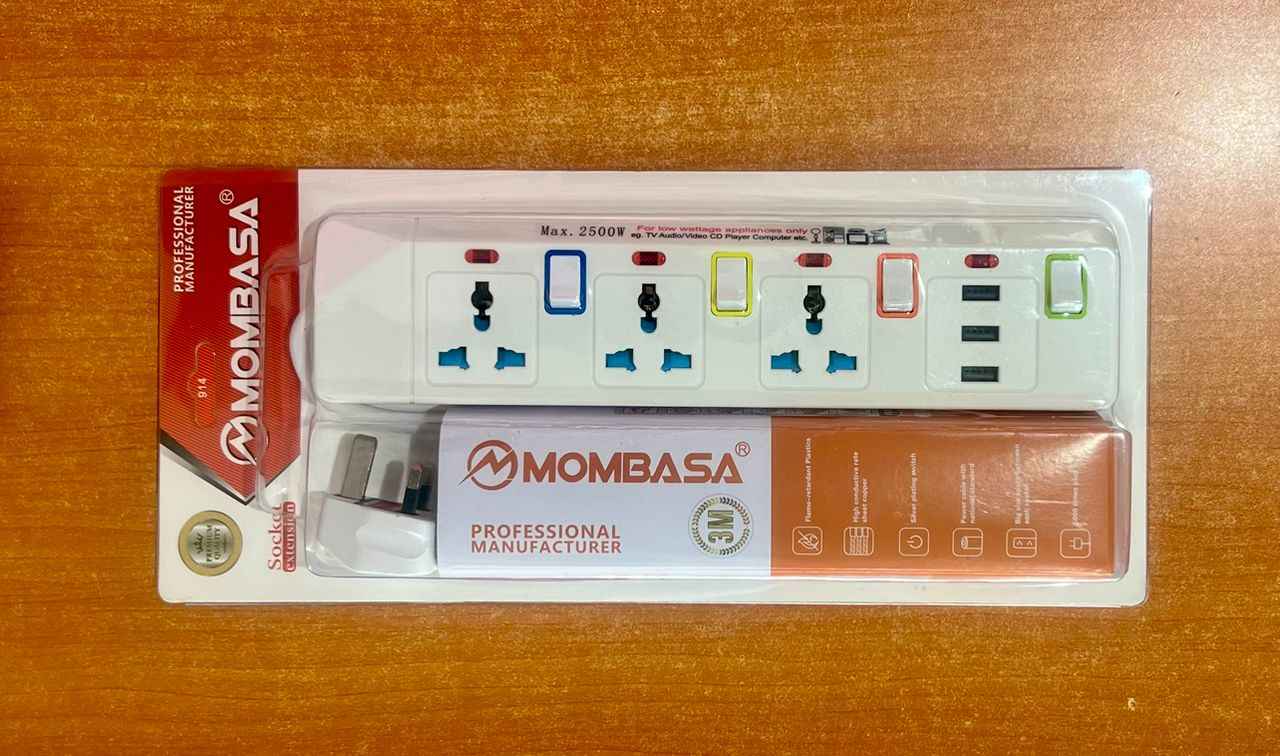 Mombasa Professional 4 Ports Extension Board With 3 Usb Ports - 2500w